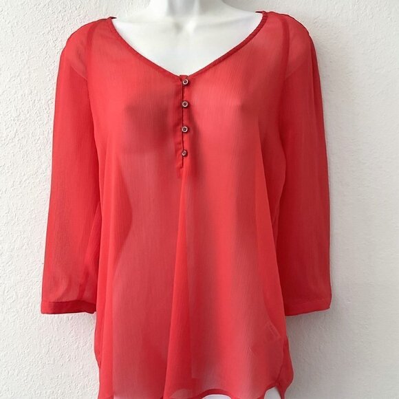 KIMCHI CORAL SHEER BLOUSE LIGHTWEIGHT TOP LIKE NEW - Picture 1 of 13